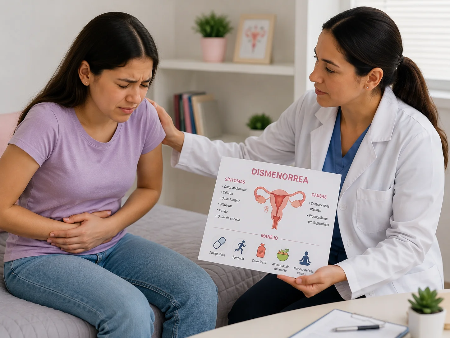 Una joven descansando en su cama sosteniendo su abdomen debido al malestar menstrual